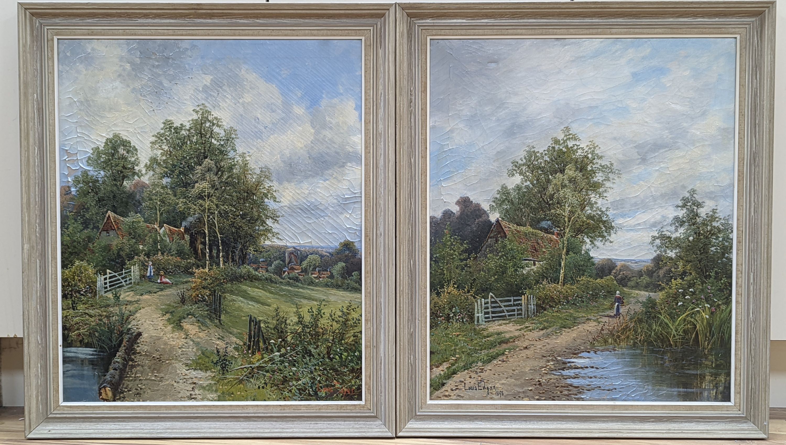 Louis Edgar, pair of oils on canvas, Rustic scenes with children and Faggot gatherer on lanes, signed, one dated 1898, 60 x 50cm